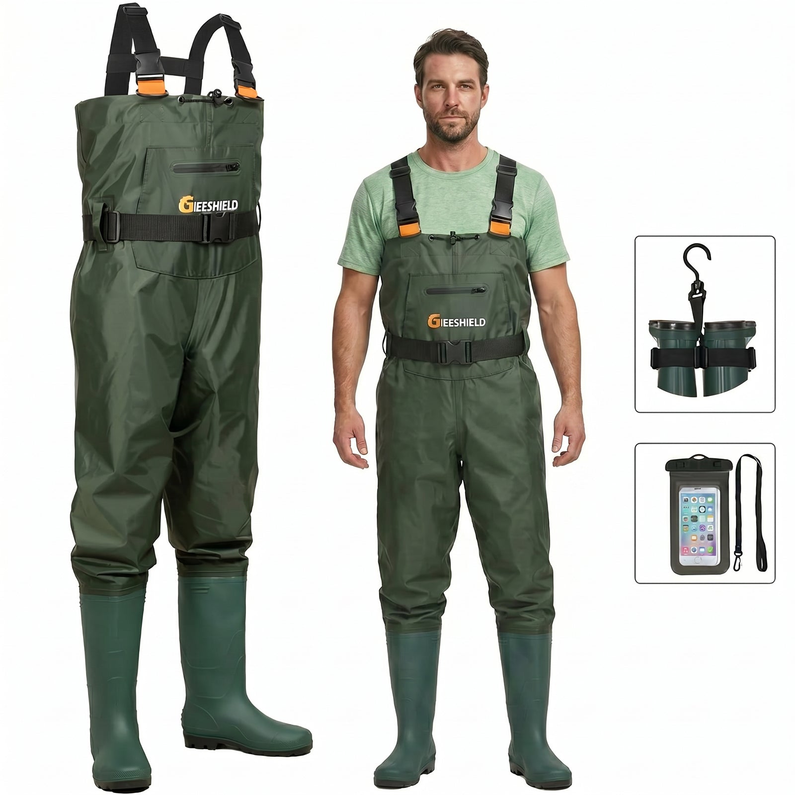 GIEESHIELD Waterproof Bootfoot Chest Waders – Lightweight 2-Ply Nylon/PVC for Fishing & Hunting with Boot Hanger