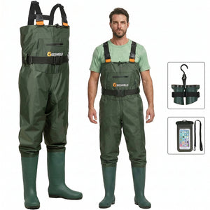 GIEESHIELD Waterproof Bootfoot Chest Waders – Lightweight 2-Ply Nylon/PVC for Fishing & Hunting with Boot Hanger
