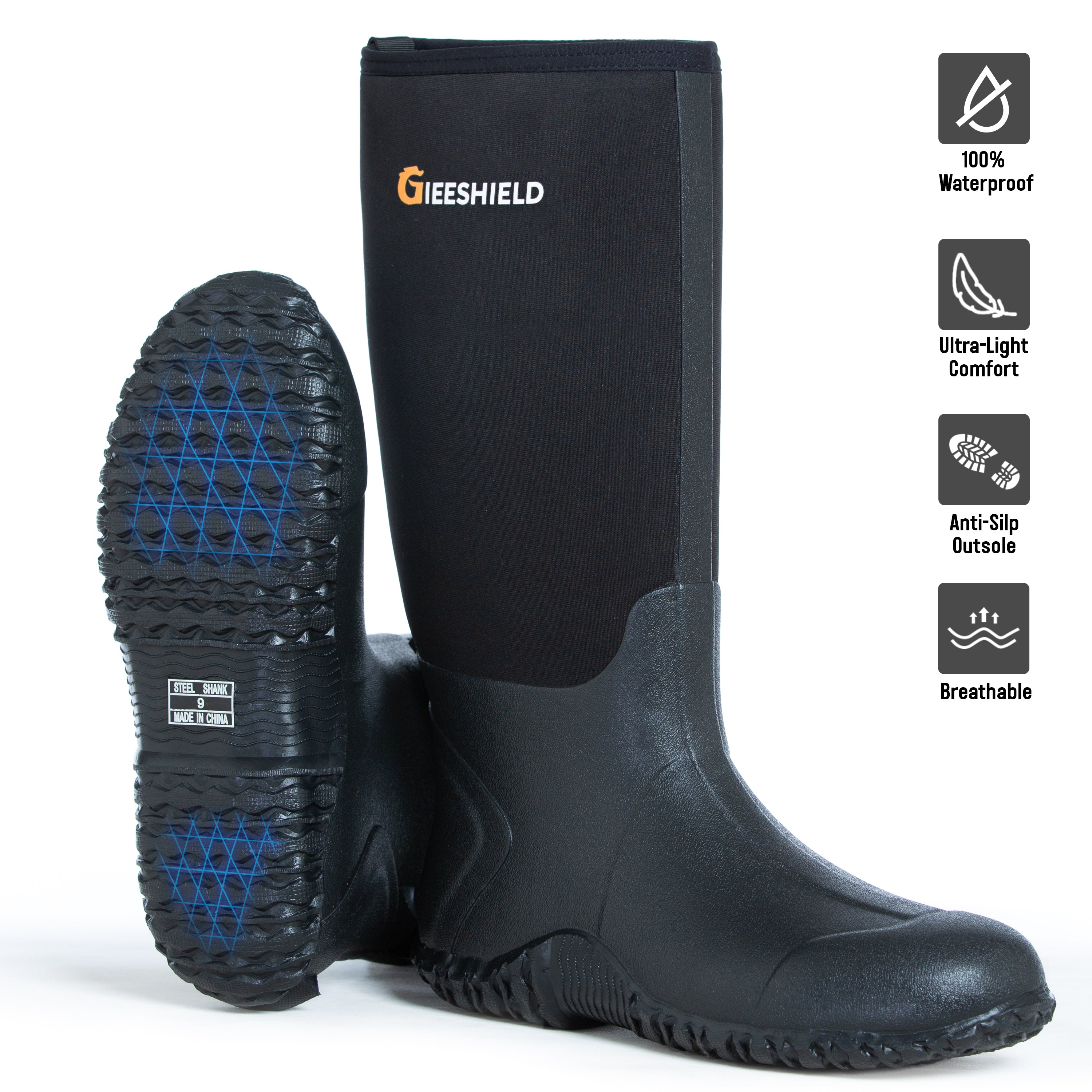 GIEESHIELD Rubber Boots for Men And Women,Waterproof Insulated Hunting & Work Boots with Steel Shank, Durable Anti-Slip Outdoor Boots for Farming, Gardening, Fishing, Mud Working