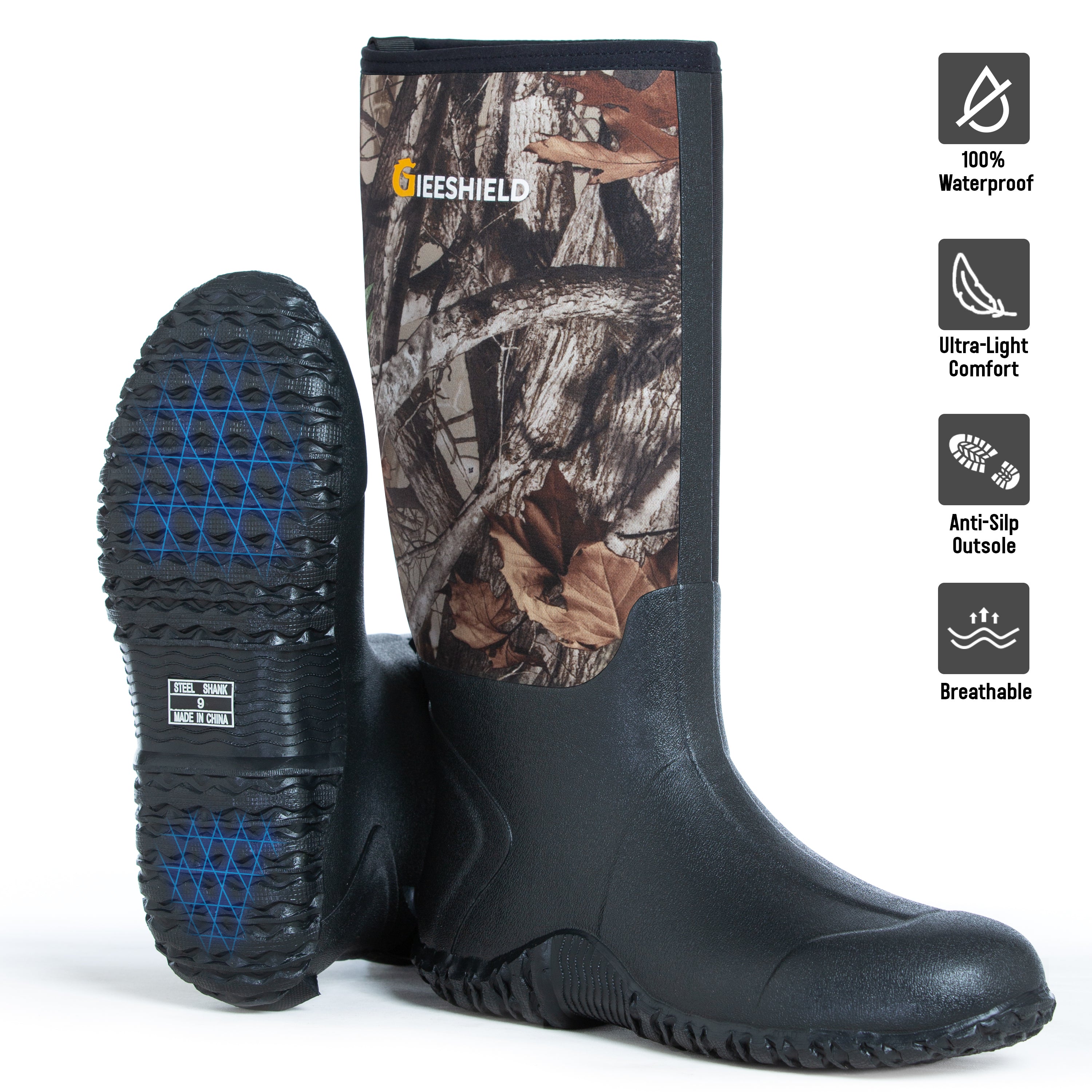 GIEESHIELD Rubber Boots for Men And Women,Waterproof Insulated Hunting & Work Boots with Steel Shank, Durable Anti-Slip Outdoor Boots for Farming, Gardening, Fishing, Mud Working