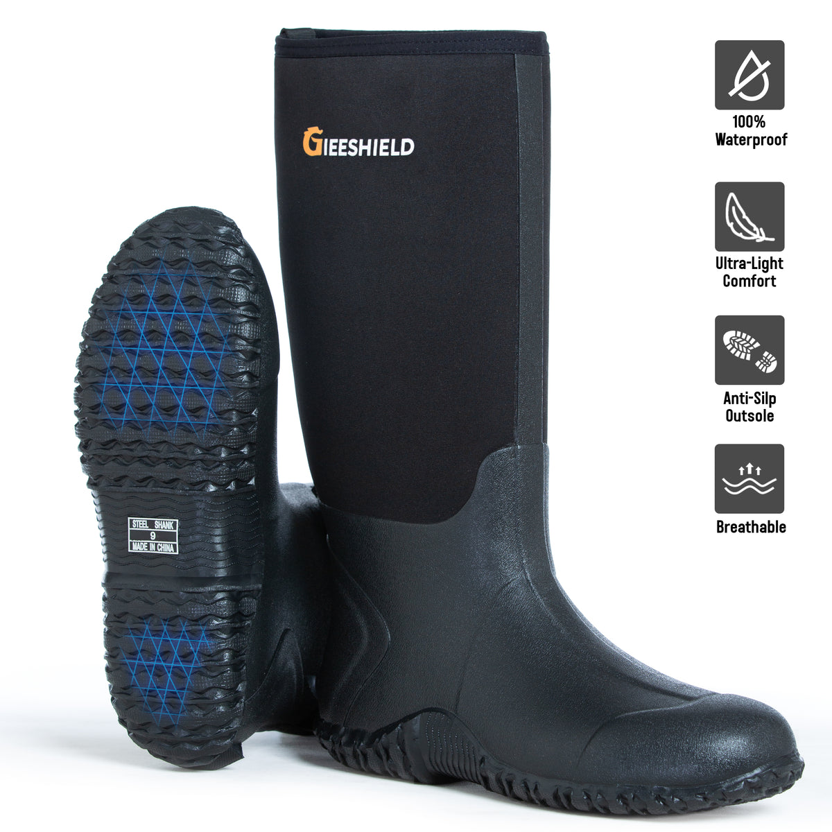 GIEESHIELD Rubber Boots for Men And Women,Waterproof Insulated Hunting & Work Boots with Steel Shank, Durable Anti-Slip Outdoor Boots for Farming, Gardening, Fishing, Mud Working