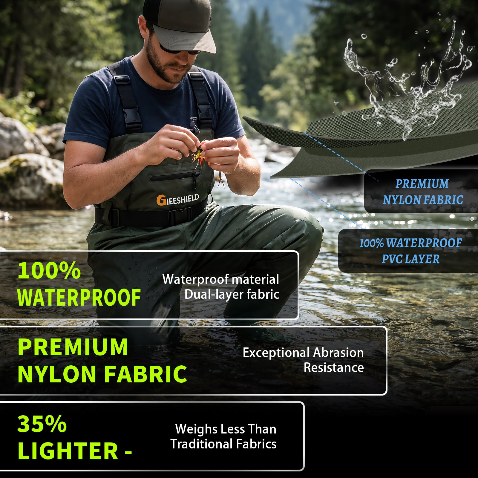 GIEESHIELD Waterproof Bootfoot Chest Waders – Lightweight 2-Ply Nylon/PVC for Fishing & Hunting with Boot Hanger