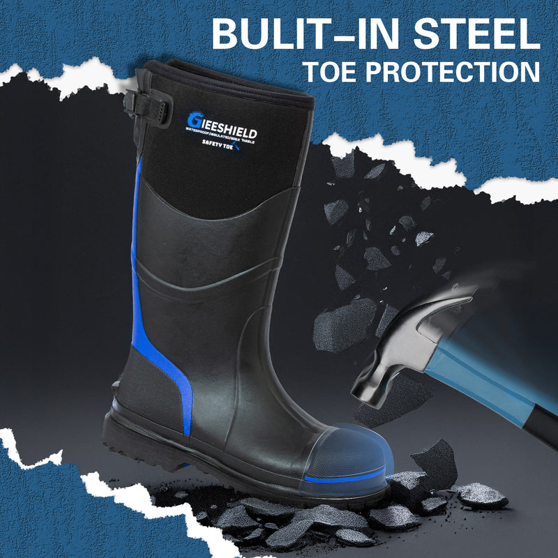 GIEESHIELD Men's Rubber Work Boots with Steel Toe & Shank, Waterproof & Anti-Slip, 6mm Neoprene, Durable Rubber Boot for Construction, Farming, Manufacturing