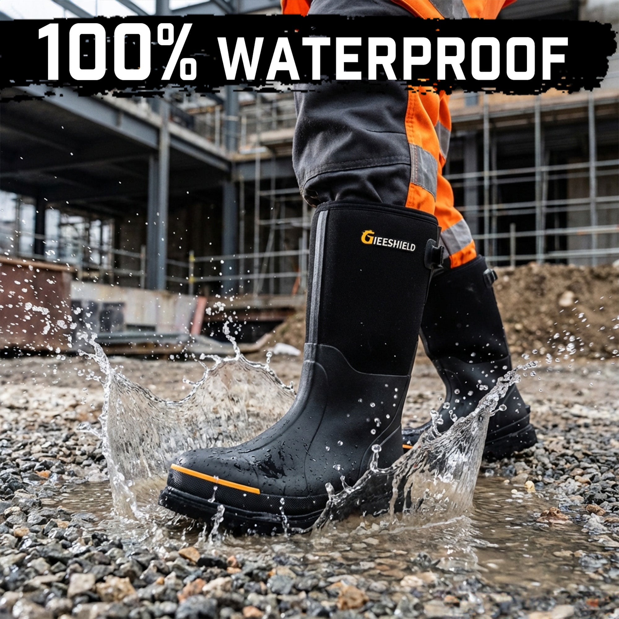 Men's Rubber Work Boots with Steel Toe & Shank, Waterproof & Anti-Slip, 6mm Neoprene, Durable Brown Rubber Boot for Construction, Farming, Manufacturing, Sizes 7-14