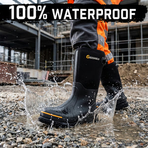 Men's Rubber Work Boots with Steel Toe & Shank, Waterproof & Anti-Slip, 6mm Neoprene, Durable Brown Rubber Boot for Construction, Farming, Manufacturing, Sizes 7-14