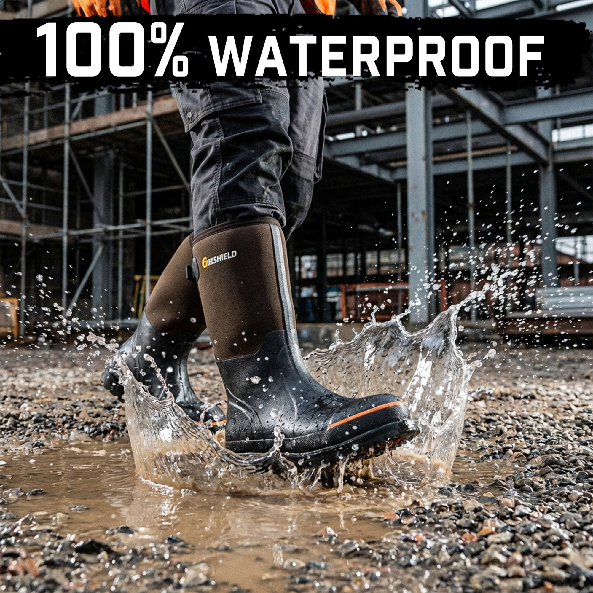 Men's Rubber Work Boots with Steel Toe & Shank, Waterproof & Anti-Slip, 6mm Neoprene, Durable Brown Rubber Boot for Construction, Farming, Manufacturing, Sizes 7-14
