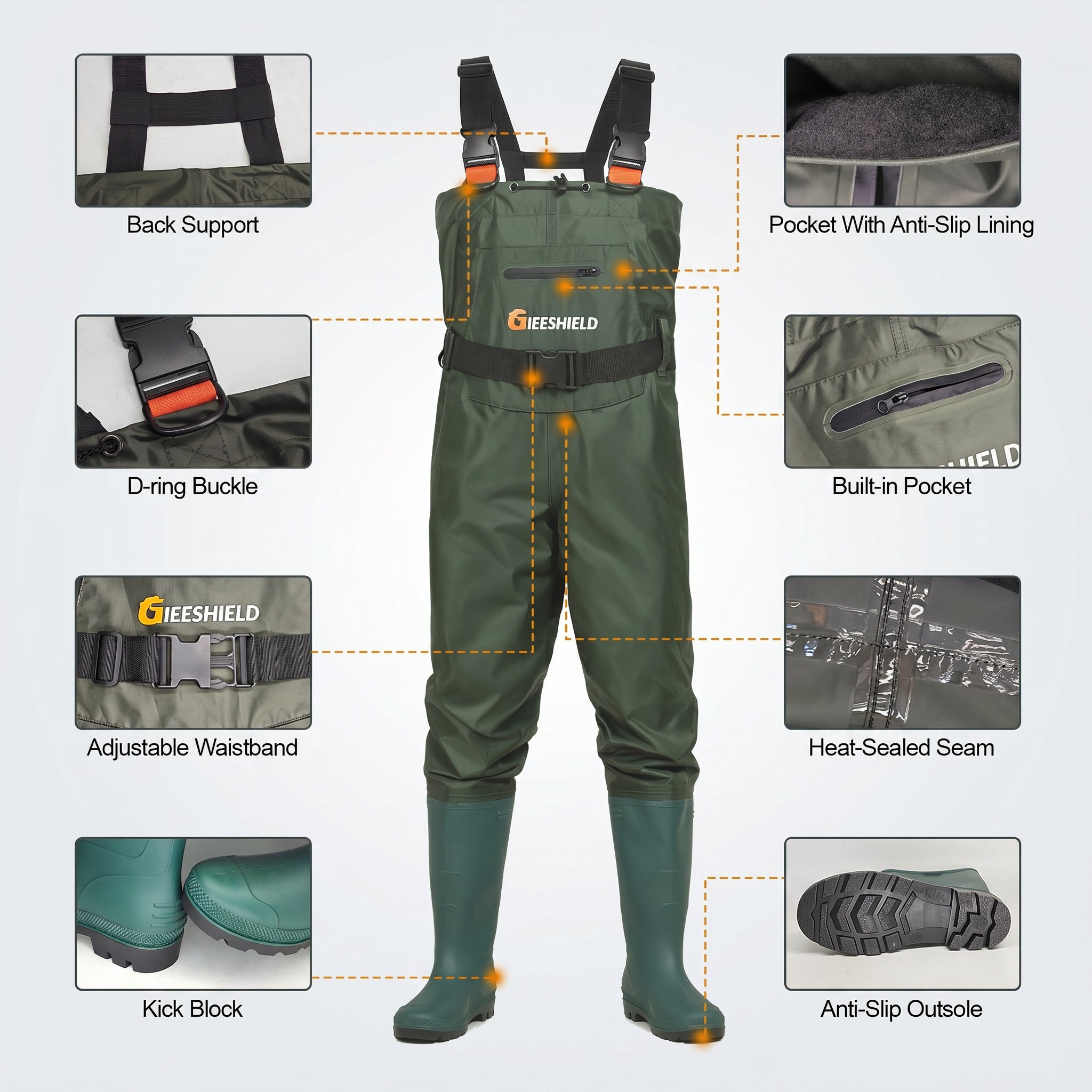 GIEESHIELD Waterproof Bootfoot Chest Waders – Lightweight 2-Ply Nylon/PVC for Fishing & Hunting with Boot Hanger