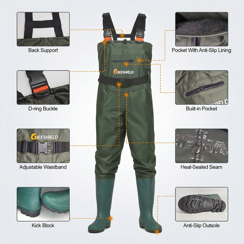 GIEESHIELD Waterproof Bootfoot Chest Waders – Lightweight 2-Ply Nylon/PVC for Fishing & Hunting with Boot Hanger