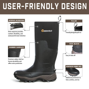 GIEESHIELD Rubber Boots for Men & Women – Ultra-Light Waterproof 6mm Neoprene Insulated Boots with Anti-Slip Sole, Warm Hunting & Rain Boots for Farming, Snow, Mud(Black）