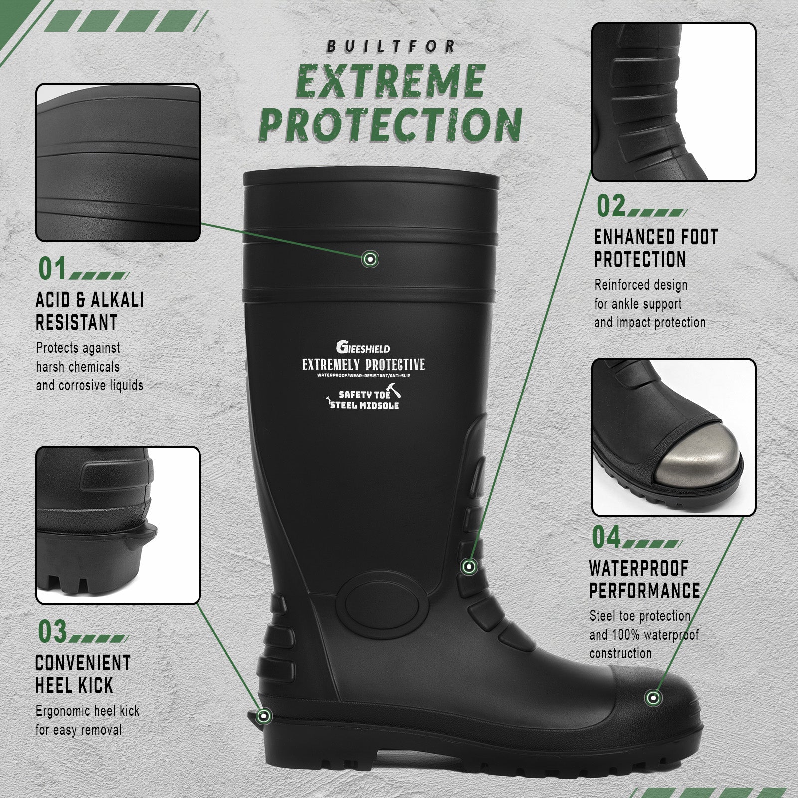 GIEESHIELD Men's Rain Boots Steel Toe PVC Rubber Boots - Waterproof Slip-Resistant Garden Fishing Outdoor Knee High Work Boots for Construction, Agriculture, Industrial & Heavy Duty