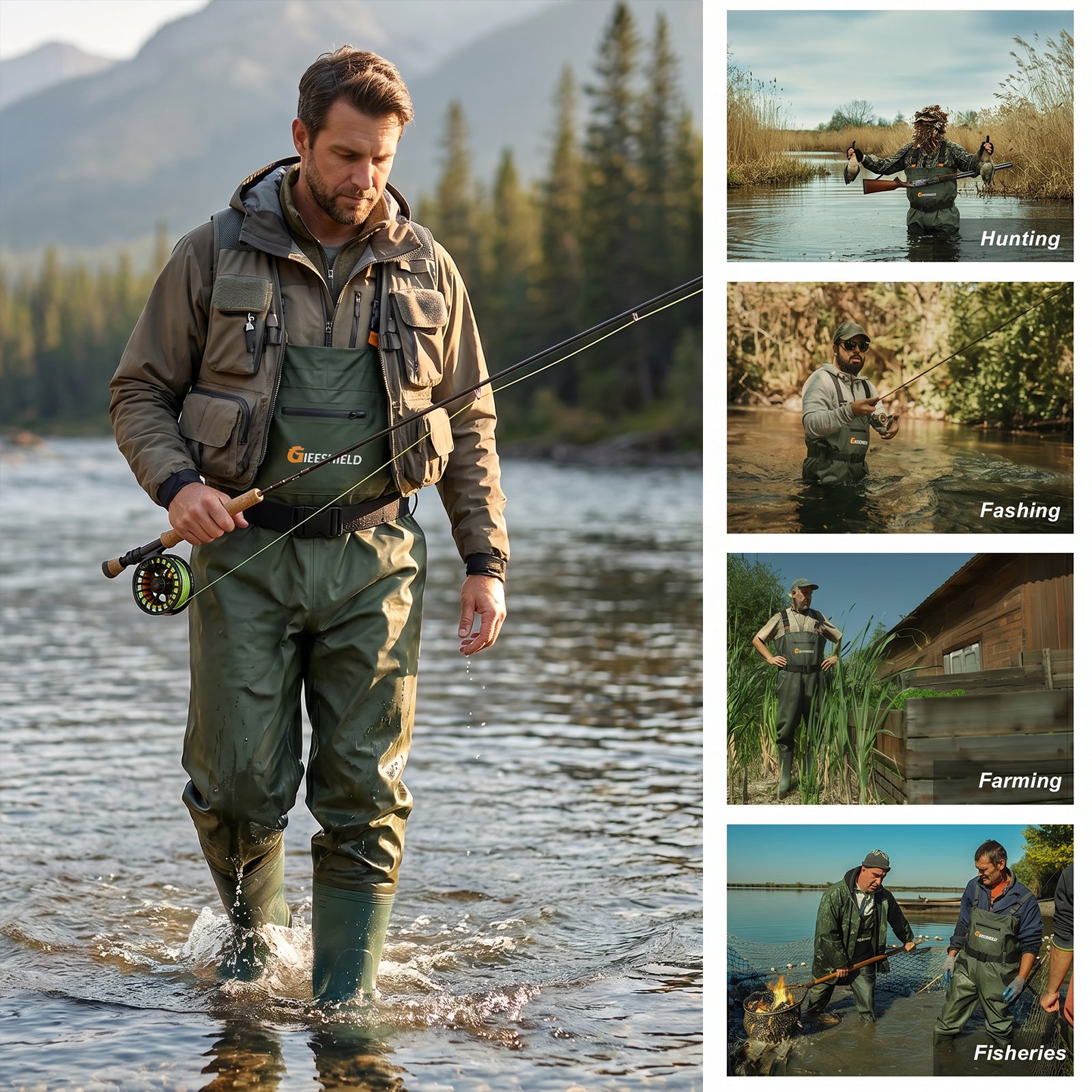 GIEESHIELD Waterproof Bootfoot Chest Waders – Lightweight 2-Ply Nylon/PVC for Fishing & Hunting with Boot Hanger