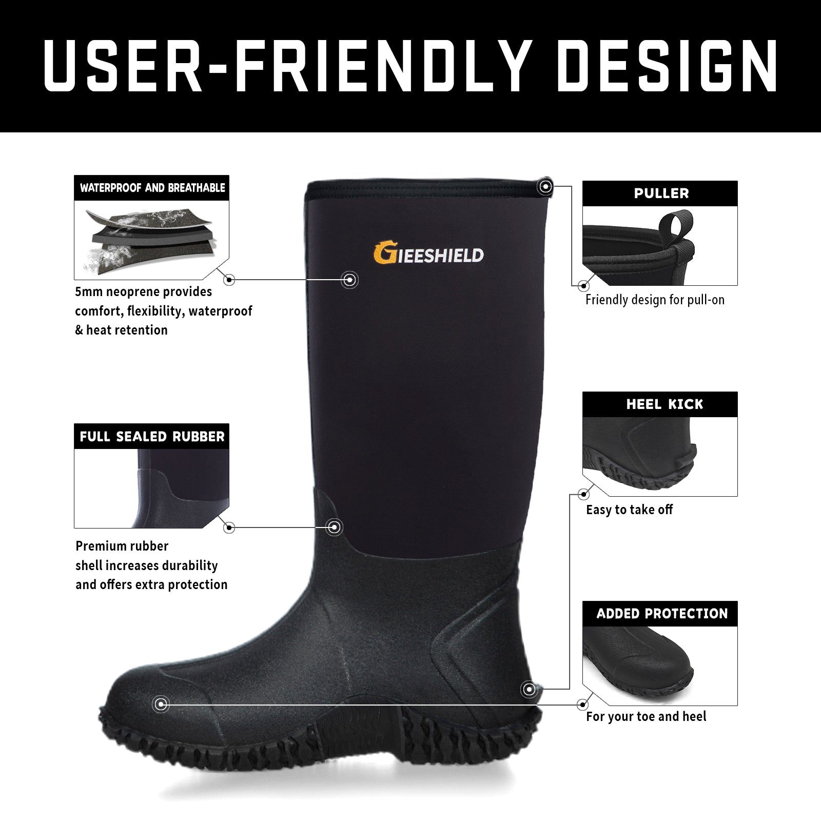 GIEESHIELD Rubber Boots for Men And Women,Waterproof Insulated Hunting & Work Boots with Steel Shank, Durable Anti-Slip Outdoor Boots for Farming, Gardening, Fishing, Mud Working
