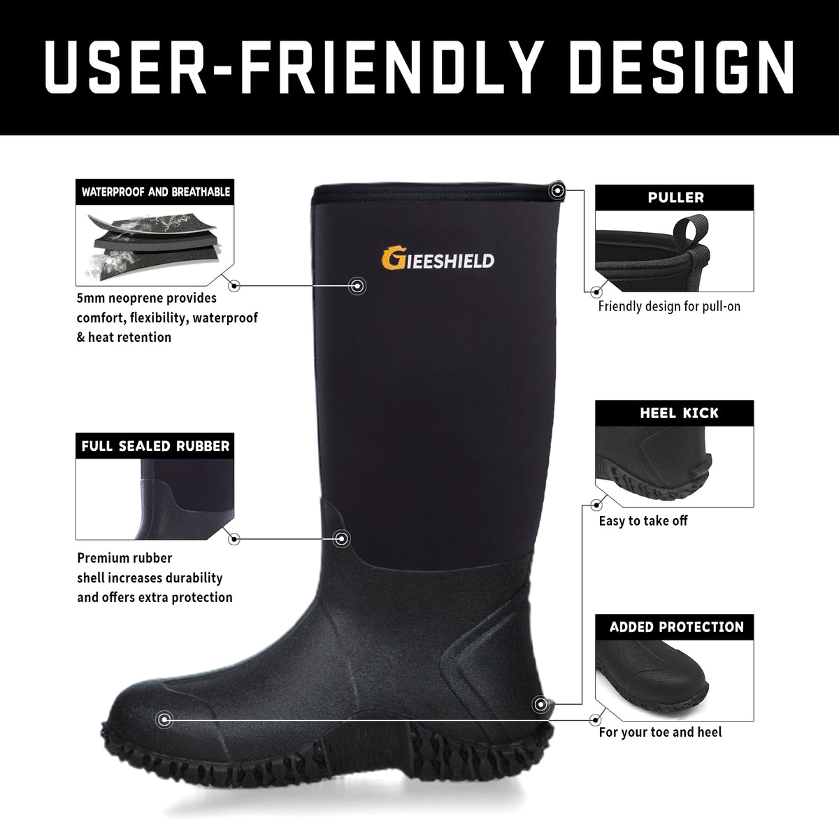GIEESHIELD Rubber Boots for Men And Women,Waterproof Insulated Hunting & Work Boots with Steel Shank, Durable Anti-Slip Outdoor Boots for Farming, Gardening, Fishing, Mud Working