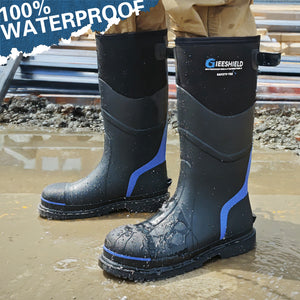 GIEESHIELD Men's Rubber Work Boots with Steel Toe & Shank, Waterproof & Anti-Slip, 6mm Neoprene, Durable Rubber Boot for Construction, Farming, Manufacturing