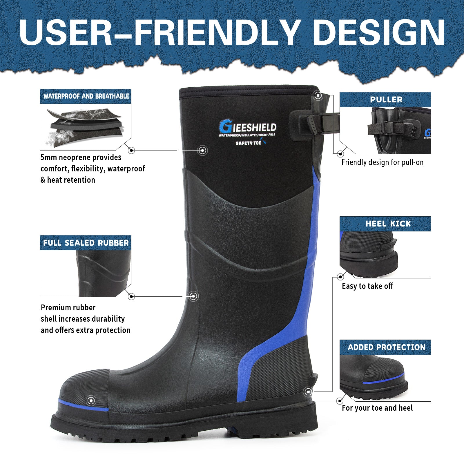 GIEESHIELD Men's Rubber Work Boots with Steel Toe & Shank, Waterproof & Anti-Slip, 6mm Neoprene, Durable Rubber Boot for Construction, Farming, Manufacturing