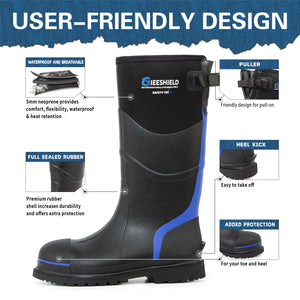 GIEESHIELD Men's Rubber Work Boots with Steel Toe & Shank, Waterproof & Anti-Slip, 6mm Neoprene, Durable Rubber Boot for Construction, Farming, Manufacturing