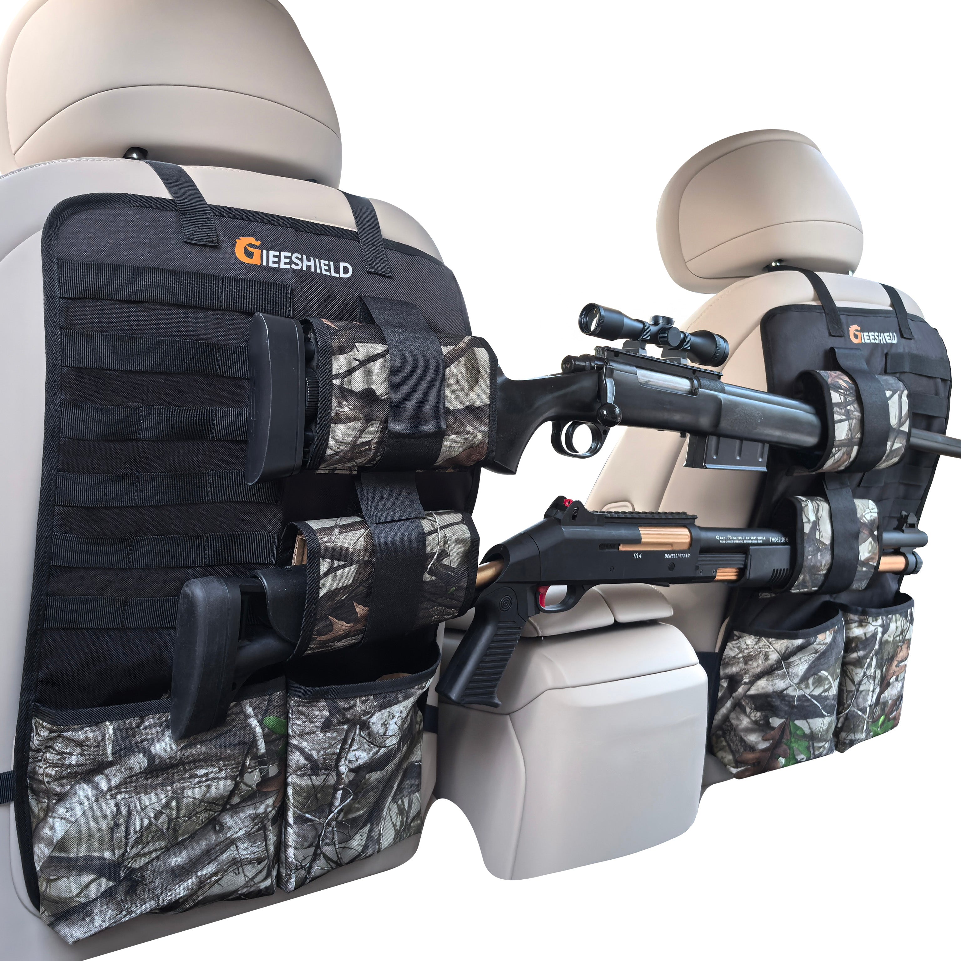 Truck Gun Rack（Set of 2）, Seat Back Gun Rack with Adjustable Straps, 600D Oxford Cloth, Universal Rifle Holder, PVC Coated, Secure Storage Pockets for Hunting Gear, Easy to Install Vehicle Gun Rack