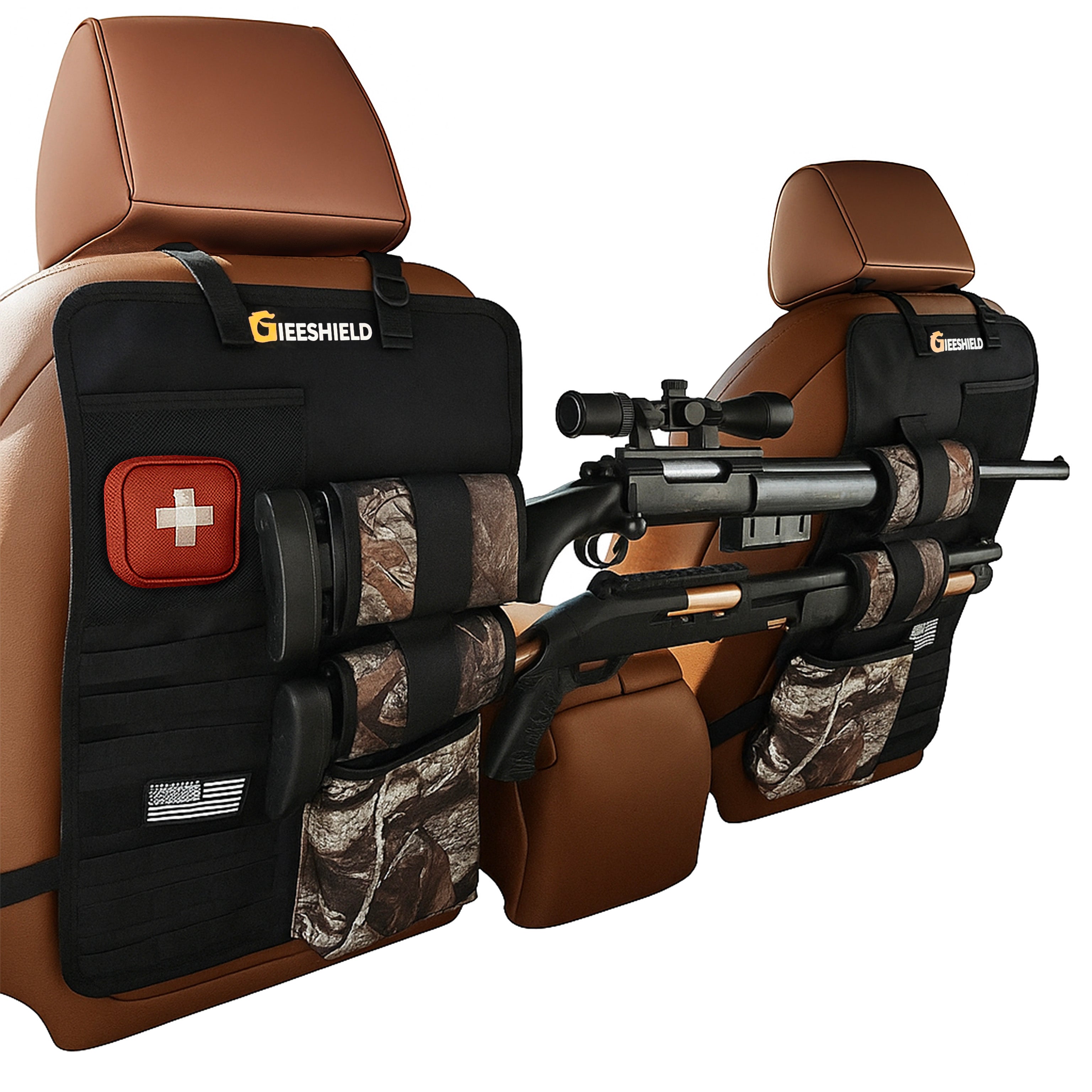 Truck Gun Rack（Set of 2）, Seat Back Gun Rack with Adjustable Straps, 600D Oxford Cloth, Universal Rifle Holder, PVC Coated, Secure Storage Pockets for Hunting Gear, Easy to Install Vehicle Gun Rack