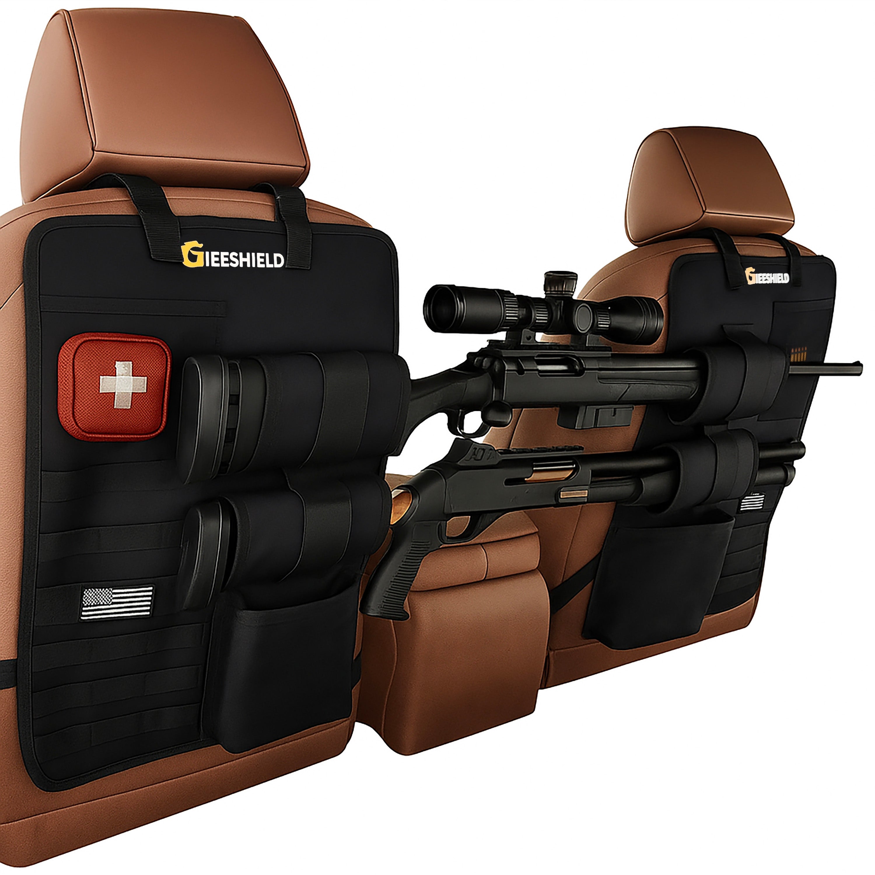 Truck Gun Rack（Set of 2）, Seat Back Gun Rack with Adjustable Straps, 600D Oxford Cloth, Universal Rifle Holder, PVC Coated, Secure Storage Pockets for Hunting Gear, Easy to Install Vehicle Gun Rack