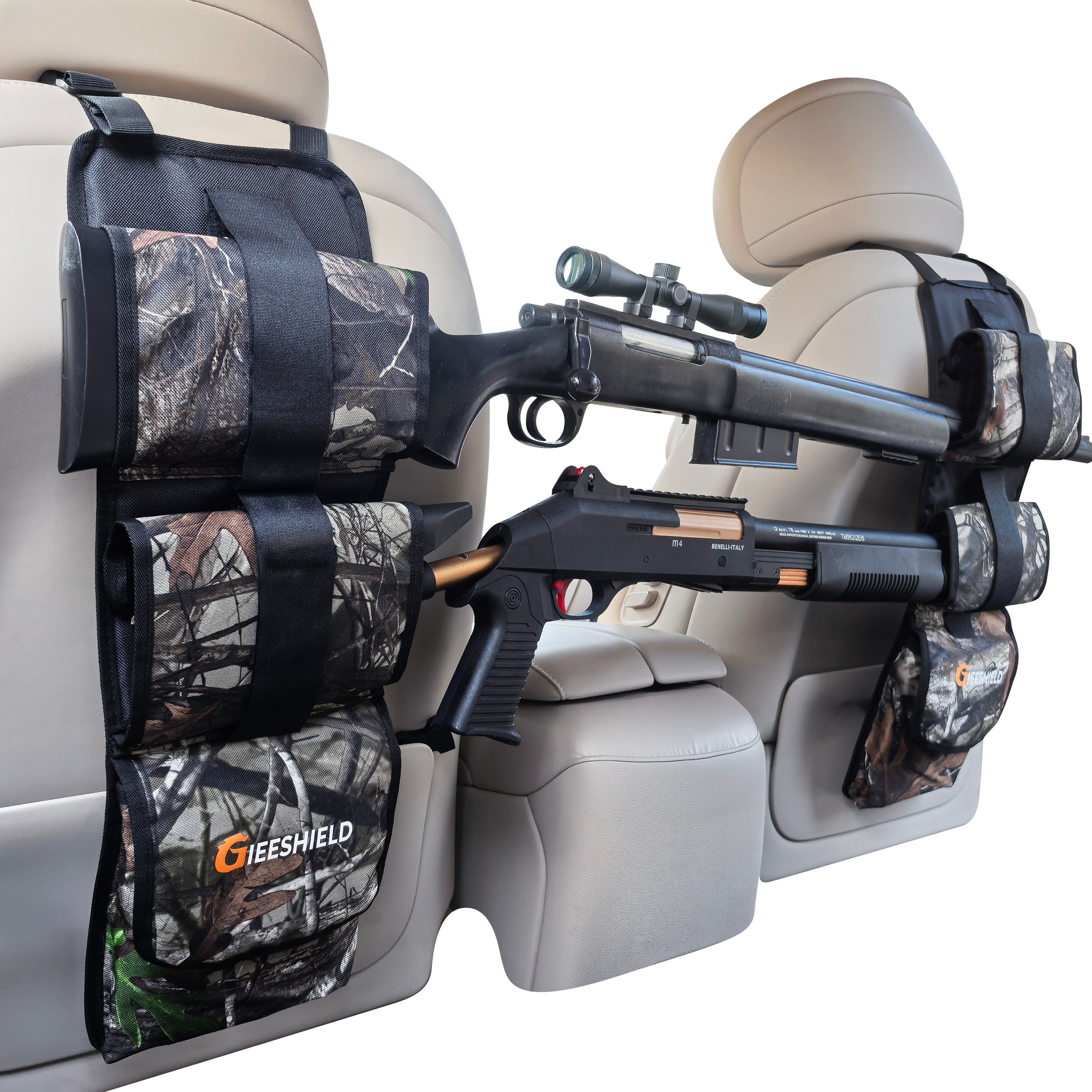 Gieeshield Truck Gun Rack（Set of 2）, Seat Back Gun Rack with Adjustable Straps, 600D Oxford Cloth, Universal Rifle Holder, PVC Coated, Secure Storage Pockets for Hunting Gear, Easy to Install