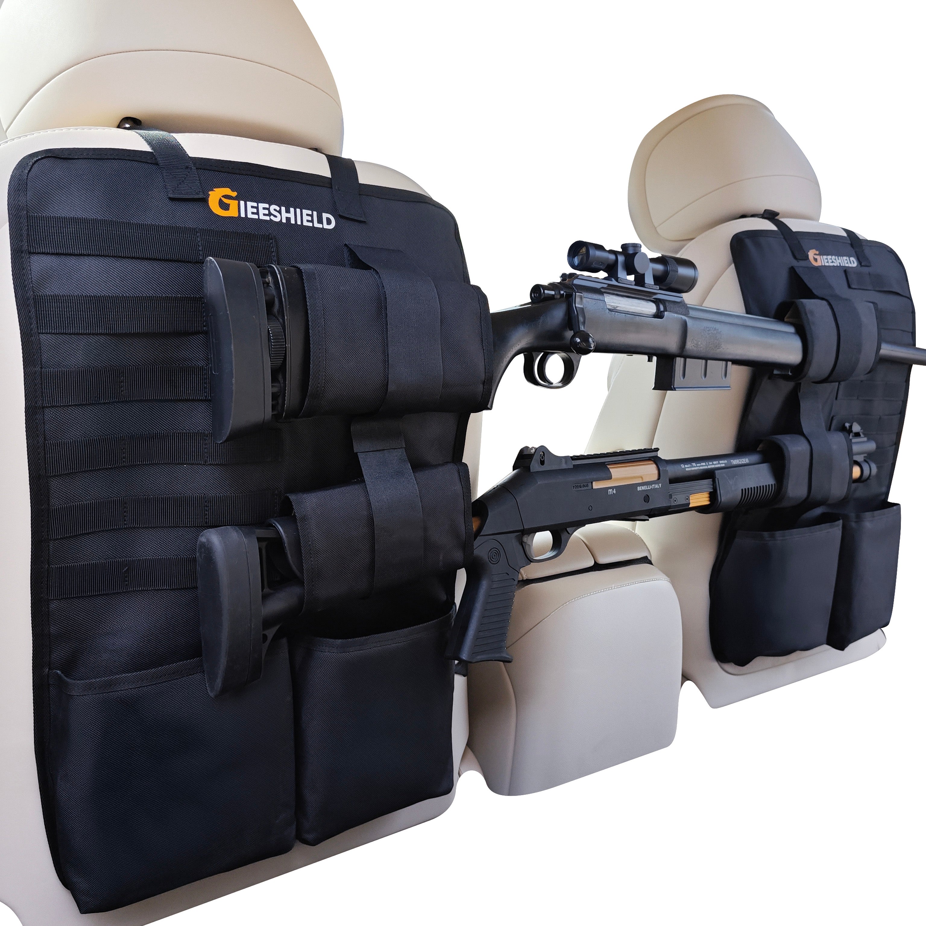 Gieeshield Truck Gun Rack（Set of 2）, Seat Back Gun Rack with Adjustable Straps, 600D Oxford Cloth, Universal Rifle Holder, PVC Coated, Secure Storage Pockets for Hunting Gear, Easy to Install