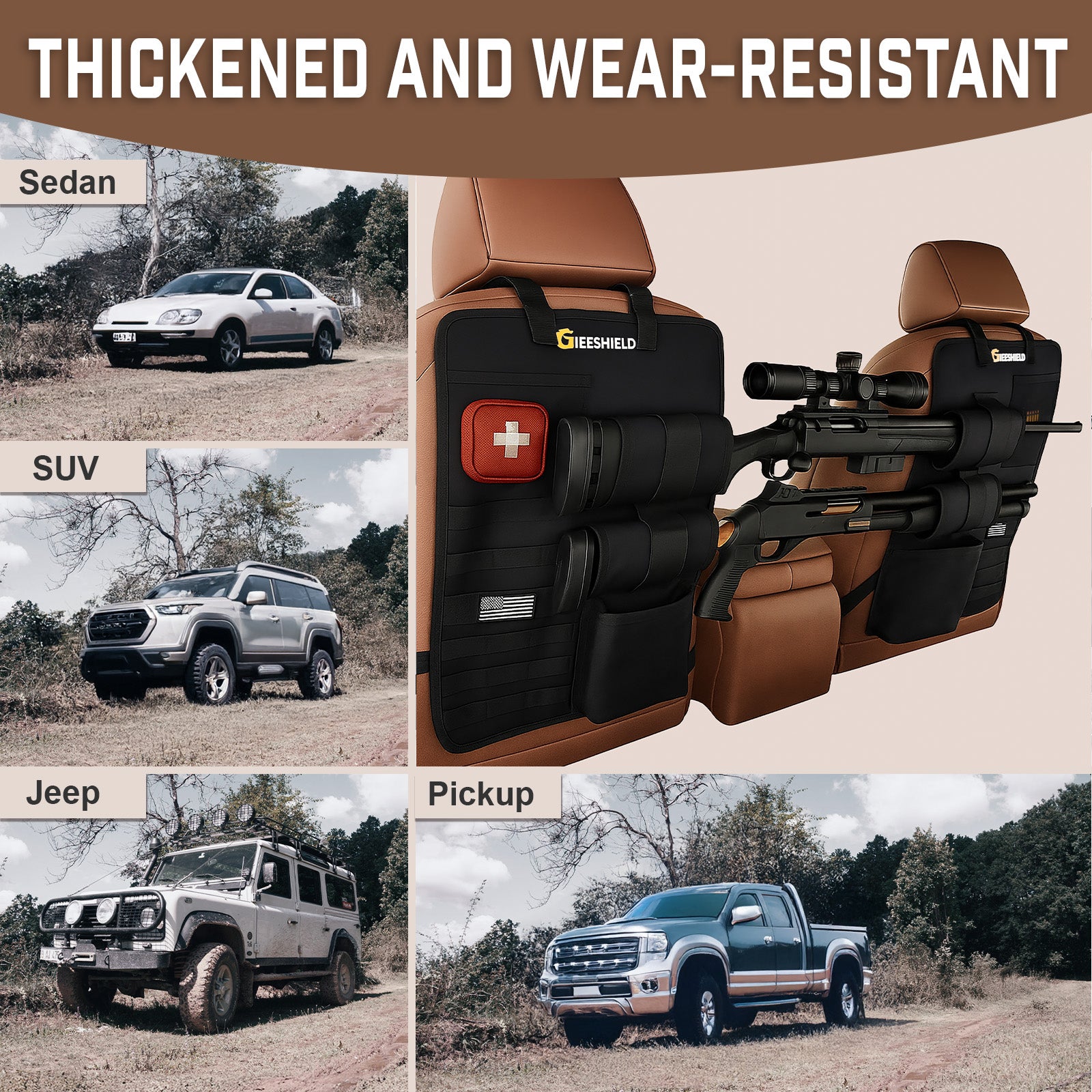 Truck Gun Rack（Set of 2）, Seat Back Gun Rack with Adjustable Straps, 600D Oxford Cloth, Universal Rifle Holder, PVC Coated, Secure Storage Pockets for Hunting Gear, Easy to Install Vehicle Gun Rack
