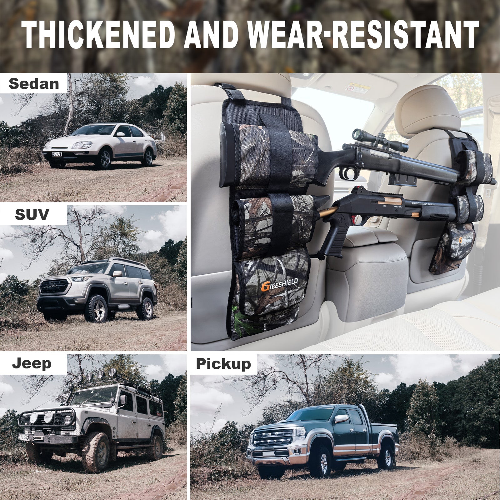 Gieeshield Truck Gun Rack（Set of 2）, Seat Back Gun Rack with Adjustable Straps, 600D Oxford Cloth, Universal Rifle Holder, PVC Coated, Secure Storage Pockets for Hunting Gear, Easy to Install