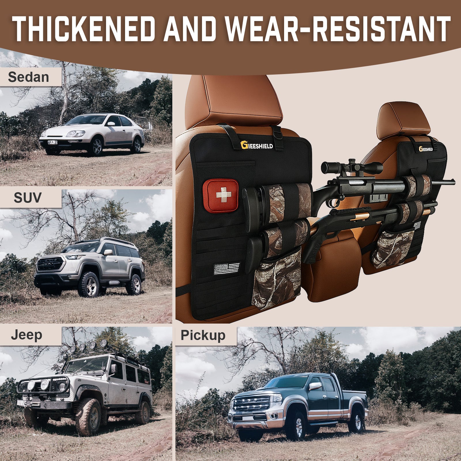 Truck Gun Rack（Set of 2）, Seat Back Gun Rack with Adjustable Straps, 600D Oxford Cloth, Universal Rifle Holder, PVC Coated, Secure Storage Pockets for Hunting Gear, Easy to Install Vehicle Gun Rack