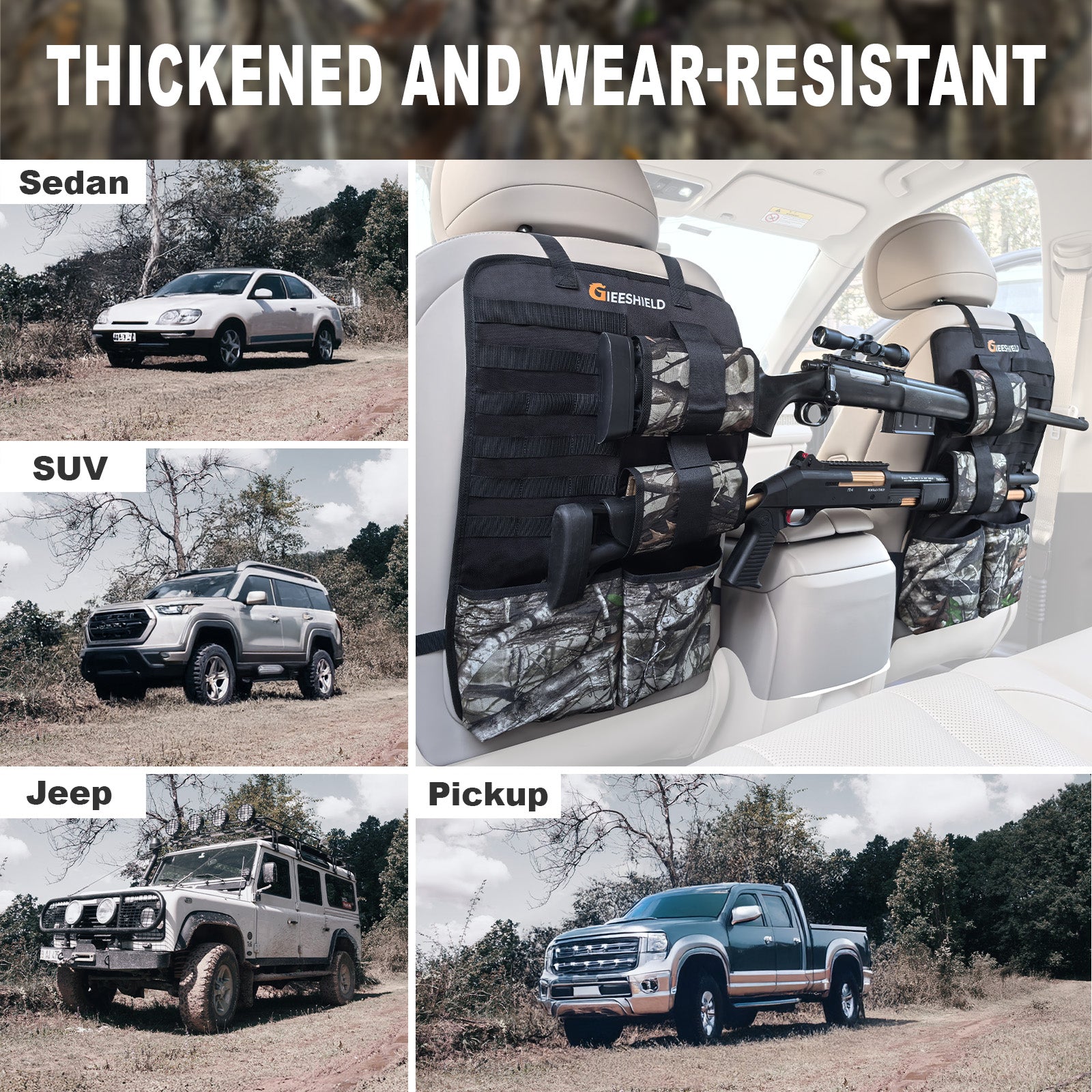 Truck Gun Rack（Set of 2）, Seat Back Gun Rack with Adjustable Straps, 600D Oxford Cloth, Universal Rifle Holder, PVC Coated, Secure Storage Pockets for Hunting Gear, Easy to Install Vehicle Gun Rack