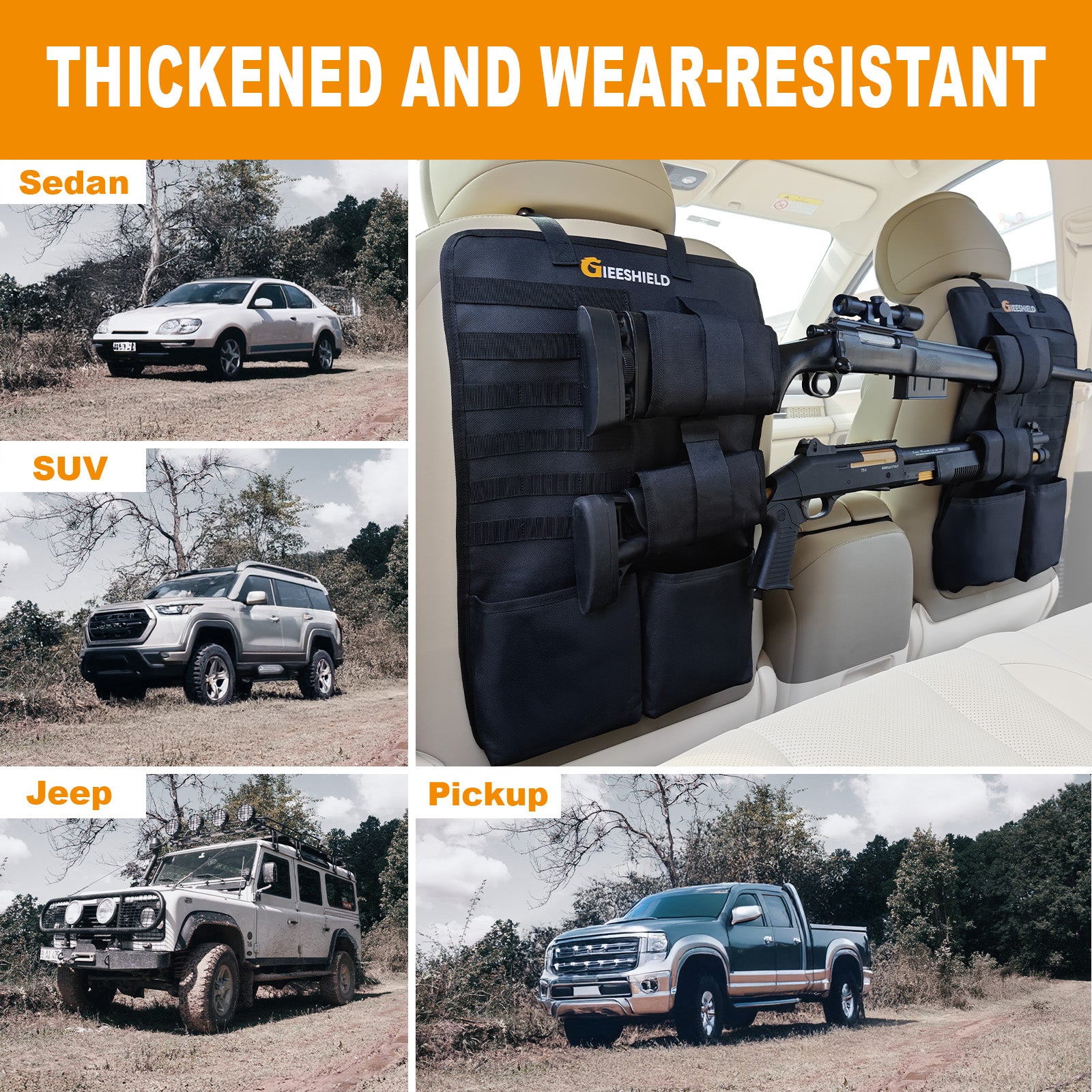 Truck Gun Rack（Set of 2）, Seat Back Gun Rack with Adjustable Straps, 600D Oxford Cloth, Universal Rifle Holder, PVC Coated, Secure Storage Pockets for Hunting Gear, Easy to Install Vehicle Gun Rack