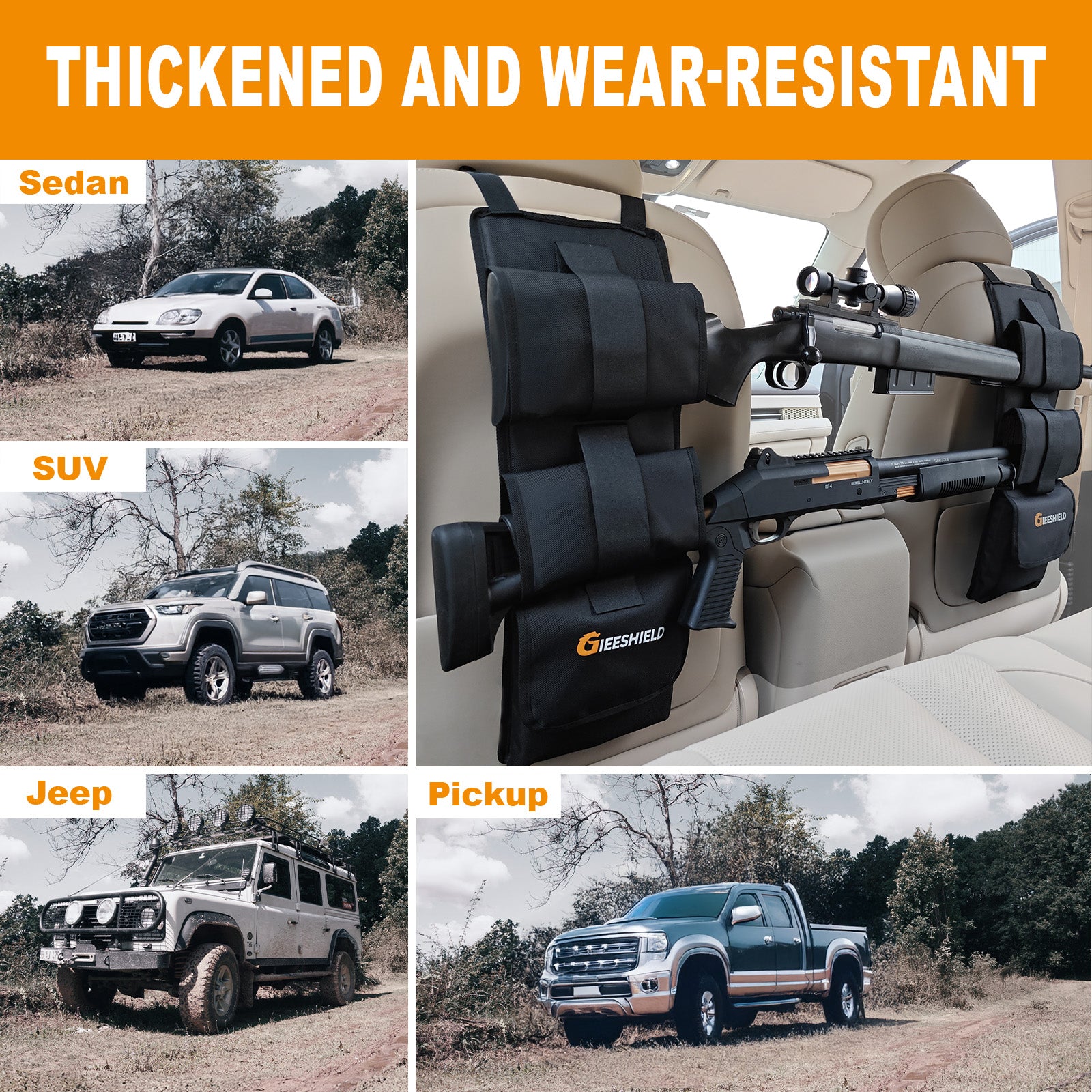Truck Gun Rack（Set of 2）, Seat Back Gun Rack with Adjustable Straps, 600D Oxford Cloth, Universal Rifle Holder, PVC Coated, Secure Storage Pockets for Hunting Gear, Easy to Install Vehicle Gun Rack